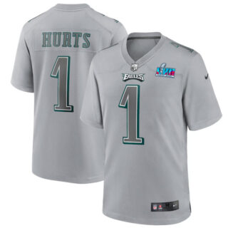 Men's Philadelphia Eagles #1 Jalen Hurts Grey Super Bowl LVII Patch Atmosphere Fashion Stitched Game Jersey