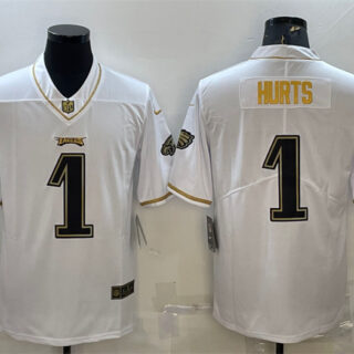Men's Philadelphia Eagles #1 Jalen Hurts White Gold Limited Stitched Jersey