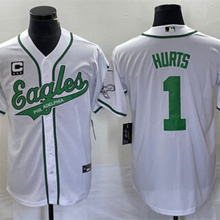 Men's Philadelphia Eagles #1 Jalen Hurts White With C Patch Cool Base Stitched Baseball Jersey