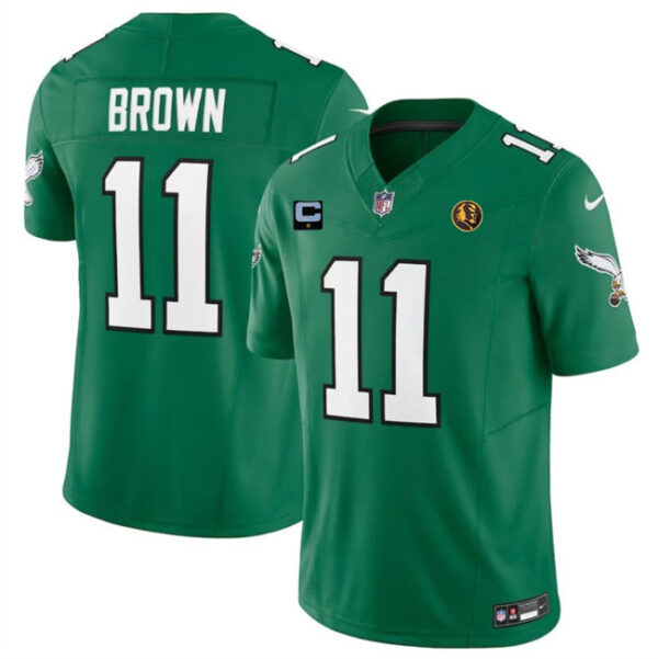 Men's Philadelphia Eagles #11 A. J. Brown Green 2023 F.U.S.E. Throwback With 1-Star C Patch And John Madden Patch Vapor Limited Stitched Football Jersey