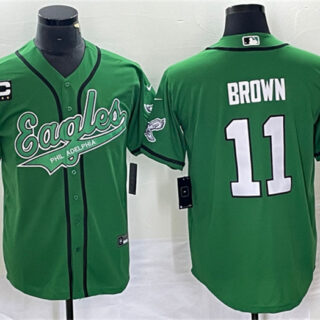 Men's Philadelphia Eagles #11 A. J. Brown Green With C Patch Cool Base Stitched Baseball Jersey