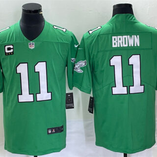 Men's Philadelphia Eagles #11 A. J. Brown Green With C Patch Stitched Football Jersey