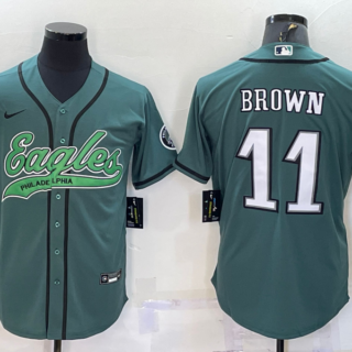 Men's Philadelphia Eagles #11 A. J. Brown Green With Patch Cool Base Stitched Baseball Jersey