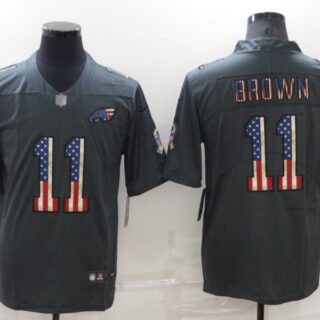 Men's Philadelphia Eagles #11 A. J. Brown Grey Salute To Service USA Flag Stitched Jersey