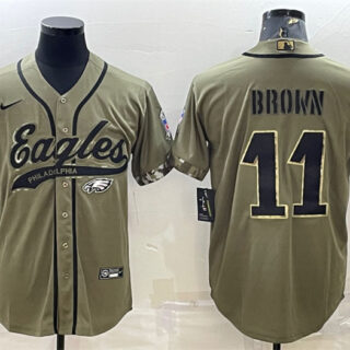Men's Philadelphia Eagles #11 A. J. Brown Olive 2022 Salute To Service Cool Base Stitched Baseball Jersey