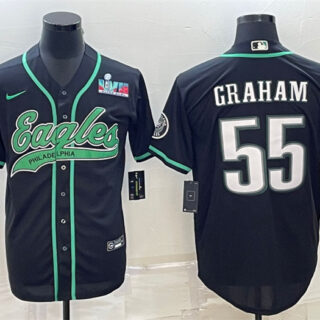 Men's Philadelphia Eagles #55 Brandon Graham Black With Super Bowl LVII Patch Cool Base Stitched Baseball Jersey