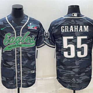 Men's Philadelphia Eagles #55 Brandon Graham Grey Camo With Super Bowl LVII Patch Cool Base Stitched Baseball Jersey