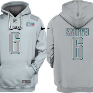Men's Philadelphia Eagles #6 DeVonta Smith Grey Atmosphere Fashion Super Bowl LVII Patch Pullover Hoodie