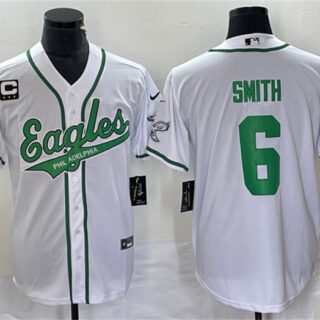 Men's Philadelphia Eagles #6 DeVonta Smith White With C Patch Cool Base Stitched Baseball Jersey