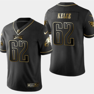 Men's Philadelphia Eagles #62 Jason Kelce Black Golden Edition Stitched Baseball Jersey