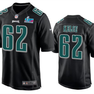 Men's Philadelphia Eagles #62 Jason Kelce Black Super Bowl LVII Patch Stitched Game Jersey