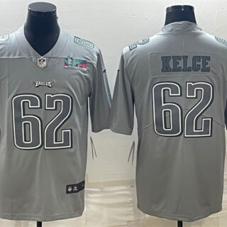 Men's Philadelphia Eagles #62 Jason Kelce Gray Super Bowl LVII Patch Atmosphere Fashion Stitched Jersey