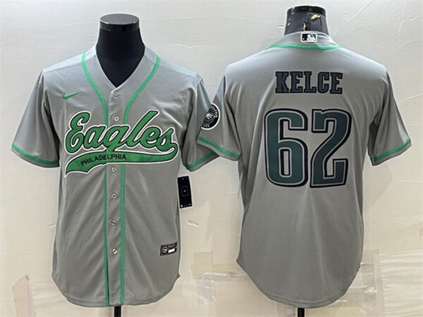 Men's Philadelphia Eagles #62 Jason Kelce Gray With Patch Cool Base Stitched Baseball JerseyS