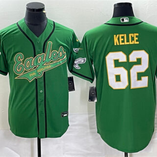 Men's Philadelphia Eagles #62 Jason Kelce Green Gold Cool Base Stitched Baseball Jersey