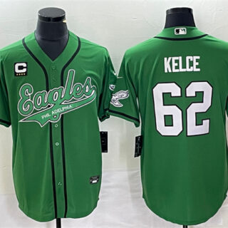 Men's Philadelphia Eagles #62 Jason Kelce Green With C Patch Cool Base Stitched Baseball Jersey