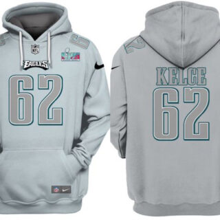Men's Philadelphia Eagles #62 Jason Kelce Grey Atmosphere Fashion Super Bowl LVII Patch Pullover Hoodie