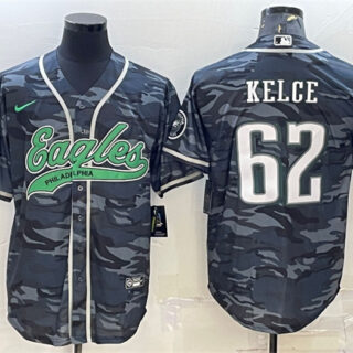 Men's Philadelphia Eagles #62 Jason Kelce Grey Camo With Patch Cool Base Stitched Baseball Jersey