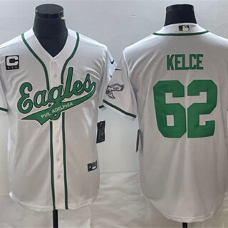 Men's Philadelphia Eagles #62 Jason Kelce White With C Patch Cool Base Stitched Baseball Jersey