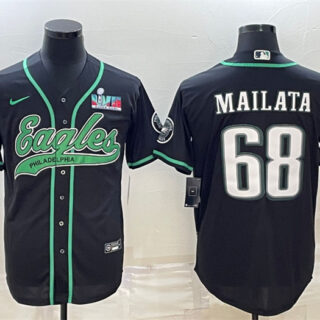 Men's Philadelphia Eagles #68 Jordan Mailata Black With Super Bowl LVII Patch Cool Base Stitched Baseball Jersey