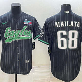 Men's Philadelphia Eagles #68 Jordan Mailata Black With Super Bowl LVII Patch Cool Base Stitched Baseball Jerseys