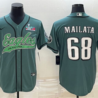 Men's Philadelphia Eagles #68 Jordan Mailata Green With Super Bowl LVII Patch Cool Base Stitched Baseball Jersey
