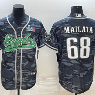 Men's Philadelphia Eagles #68 Jordan Mailata Grey Camo With Super Bowl LVII Patch Cool Base Stitched Baseball Jersey