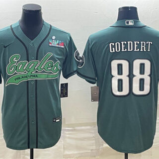Men's Philadelphia Eagles #88 Dallas Goedert Green With Super Bowl LVII Patch Cool Base Stitched Baseball Jersey