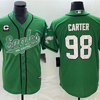 Men's Philadelphia Eagles #98 Jalen Carter Green With C Patch Cool Base Stitched Baseball Jersey