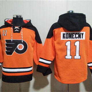 Men's Philadelphia Flyers #11 Travis Konecny Orange Ageless Must-Have Lace-Up Pullover Hoodie