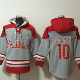 Men's Philadelphia Phillies #10 J.T. Realmuto Grey Red Ageless Must-Have Lace-Up Pullover Hoodie