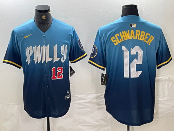 Men's Philadelphia Phillies #12 Kyle Schwarber Blue 2024 City Connect Limited Stitched Jersey