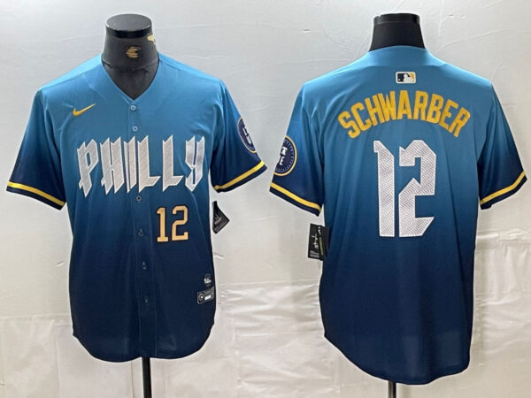 Men's Philadelphia Phillies #12 Kyle Schwarber Blue 2024 City Connect Limited Stitched Jersey