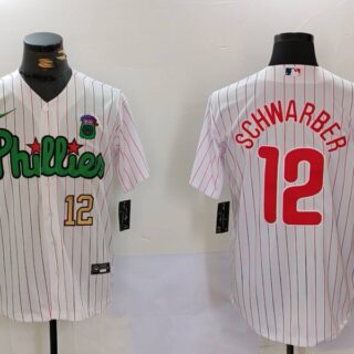 Men's Philadelphia Phillies #12 Kyle Schwarber White Green Cool Base Stitched Jerseys