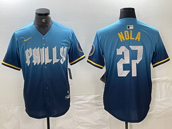 Men's Philadelphia Phillies #27 Aaron Nola Blue 2024 City Connect Limited Stitched Baseball Jersey