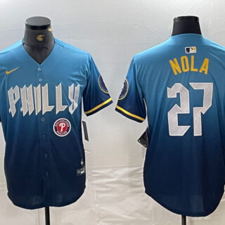 Men's Philadelphia Phillies #27 Aaron Nola Blue 2024 City Connect Limited Stitched Baseball Jersey
