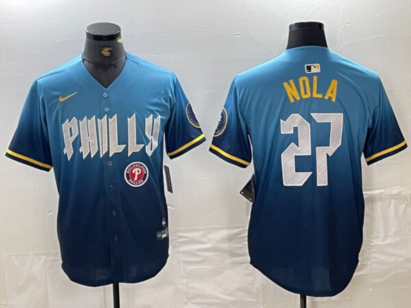 Men's Philadelphia Phillies #27 Aaron Nola Blue 2024 City Connect Limited Stitched Baseball Jersey