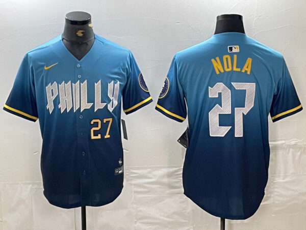 Men's Philadelphia Phillies #27 Aaron Nola Blue 2024 City Connect Limited Stitched Baseball Jersey