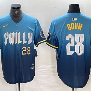Men's Philadelphia Phillies #28 Alec Bohm Blue 2024 City Connect Limited Stitched Baseball Jersey