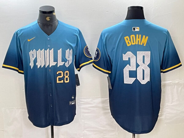 Men's Philadelphia Phillies #28 Alec Bohm Blue 2024 City Connect Limited Stitched Baseball Jersey