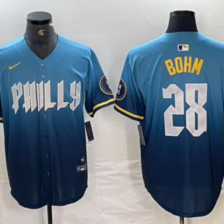 Men's Philadelphia Phillies #28 Alec Bohm Blue 2024 City Connect Limited Stitched Baseball Jersey