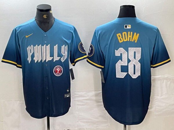 Men's Philadelphia Phillies #28 Alec Bohm Blue 2024 City Connect Limited Stitched Baseball Jersey