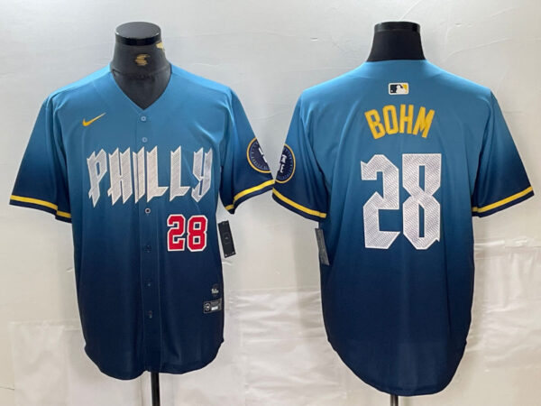 Men's Philadelphia Phillies #28 Alec Bohm Blue 2024 City Connect Limited Stitched Baseball Jersey