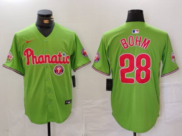 Men's Philadelphia Phillies #28 Alec Bohm Green With Patch Stitched Jerseys