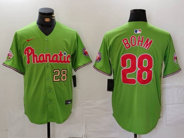 Men's Philadelphia Phillies #28 Alec Bohm Green With Patch Stitched Jerseys