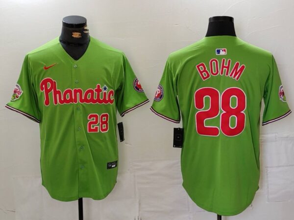 Men's Philadelphia Phillies #28 Alec Bohm Green With Patch Stitched Jerseys