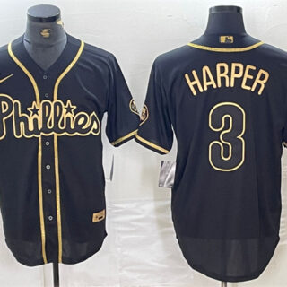 Men's Philadelphia Phillies #3 Bryce Harper Black Gold Cool Base Stitched Baseball Jersey