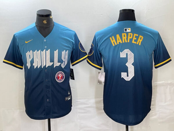 Men's Philadelphia Phillies #3 Bryce Harper Blue 2024 City Connect Limited Stitched Jersey