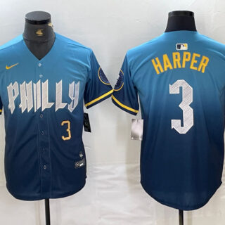 Men's Philadelphia Phillies #3 Bryce Harper Blue 2024 City Connect Limited Stitched Jersey