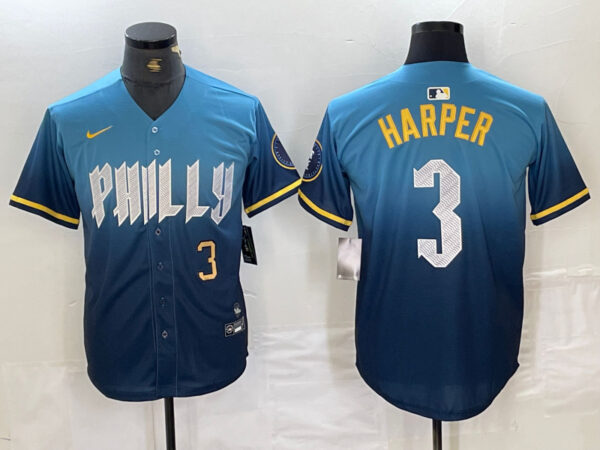 Men's Philadelphia Phillies #3 Bryce Harper Blue 2024 City Connect Limited Stitched Jersey