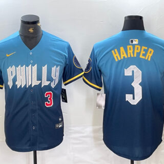 Men's Philadelphia Phillies #3 Bryce Harper Blue 2024 City Connect Limited Stitched Jersey